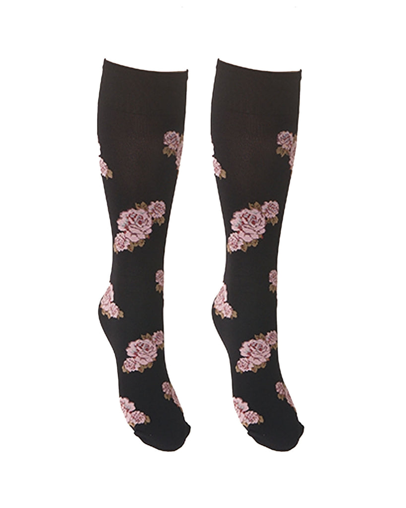 Gerico knee high socks from Trasparenze are crafted from a 50 denier opaque black microfiber base with all-over rose patterning in shades of pink