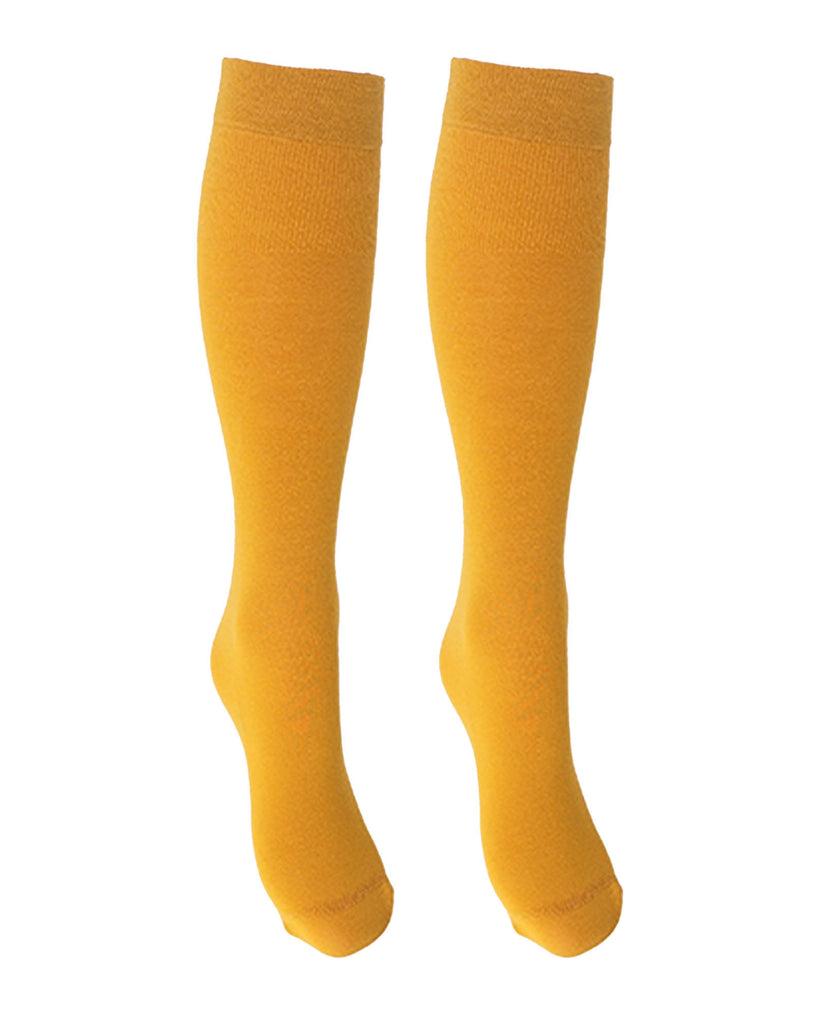 Jennifer knee high socks from Trasparenze are crafted from an ochre yellow opaque 80 denier wool blend