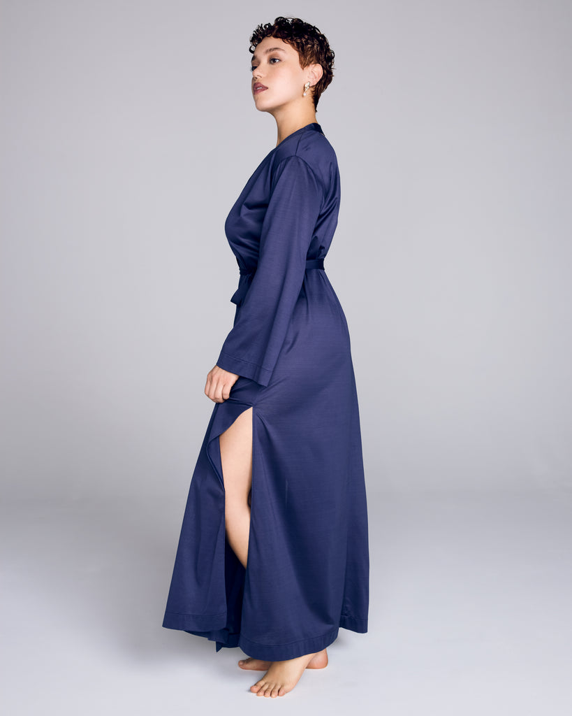 Aromatique's pansy ultra-fine cotton robe has high side slits and hits around the ankle on most