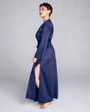 Aromatique's pansy ultra-fine cotton robe has high side slits and hits around the ankle on most