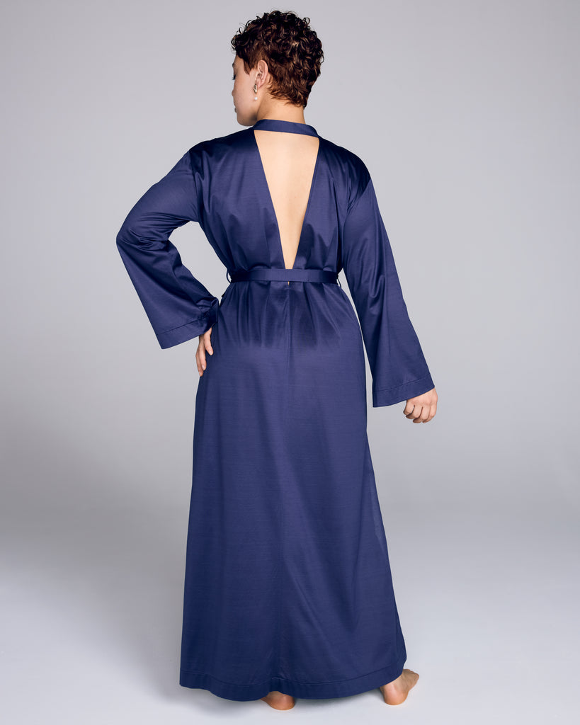 Aromatique's Pansy ultra-fine cotton robe has a unique open-back design with long sleeves and a draped fit