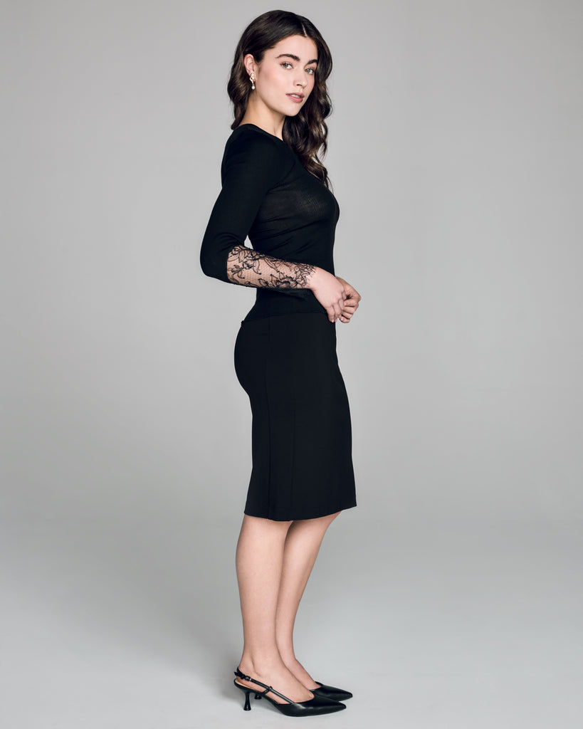 Aromatique's ribbed wool and lace long sleeve top is seamless through the body, with velvet binding at the scoop neckline