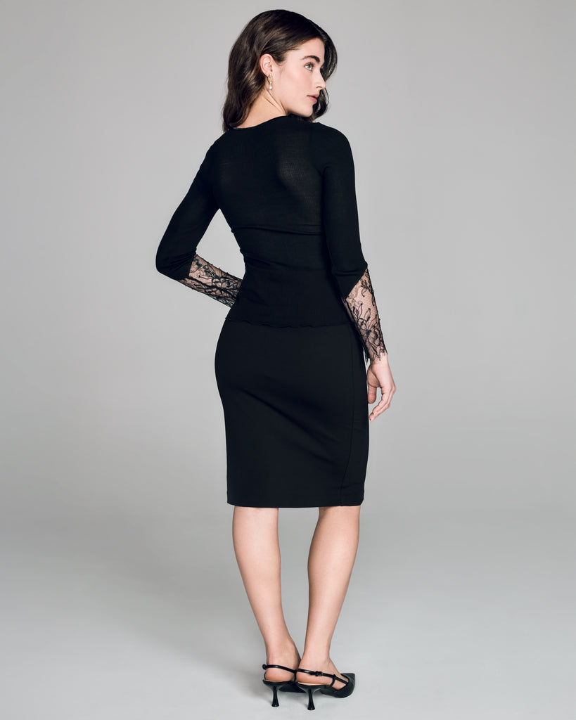 Aromatique's ribbed wool and lace long sleeved top has sheer Sophie Hallette lace inset from forearm to wrist