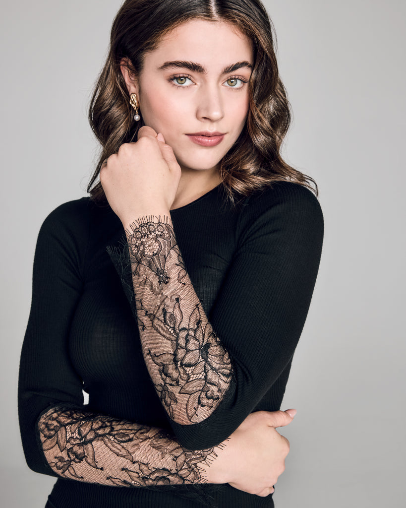 Aromatique Ribbed Wool and Lace Long Sleeved Top