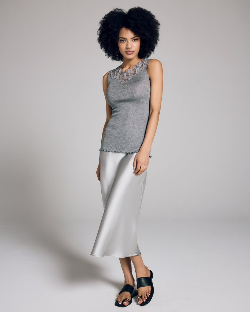 Boglietti's Bridget camisole features wide bra-friendly straps and macrame lace detailing at the scoop neckline