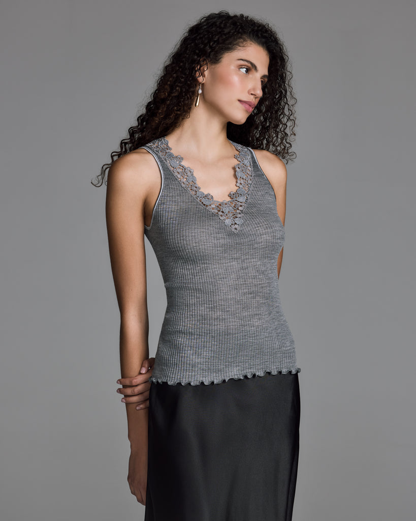 Stretchy grey Felicita wool-silk camisole from Boglietti has a plunging vee neckline accented with floral macrame lace
