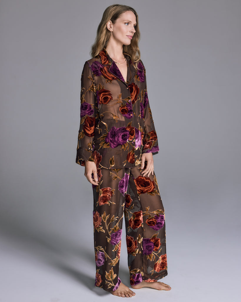 Classic button-down pajamas from Christine Vancouver get a seductive edge from their sheer espresso brown silk chiffon backdrop with burnout rose devoré in shades of burnt orange, terracotta and plum