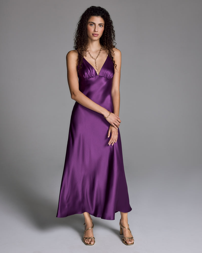 Classic Carmen silk gown from Christine Vancouver is crafted from a vibrant emperor purple silk