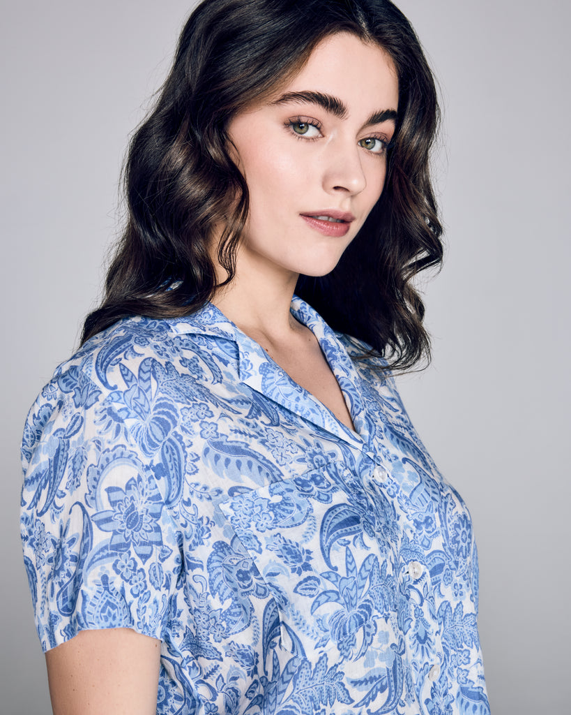 Classic Milan shortie pajama from Derek Rose is crafted from the highest quality white linen with a blue paisley print