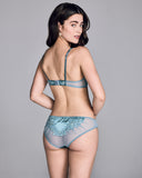 The Astri brief from Emma Harris is unique and seductive with an appliquéd silk front and gusset and pleated sheer mesh at the cheeky rear