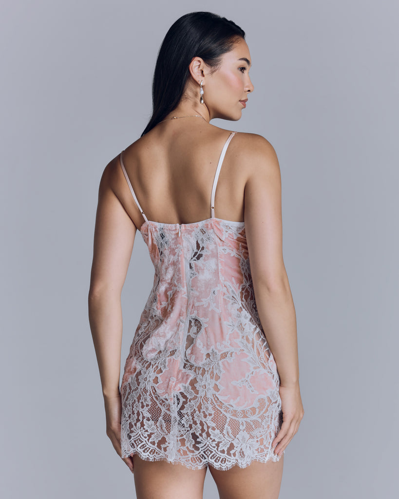 The Lily pink velvet chemise from Emma Harris has silk lined triangle cups, adjustable silk spaghetti straps, and a hidden back zip for fit
