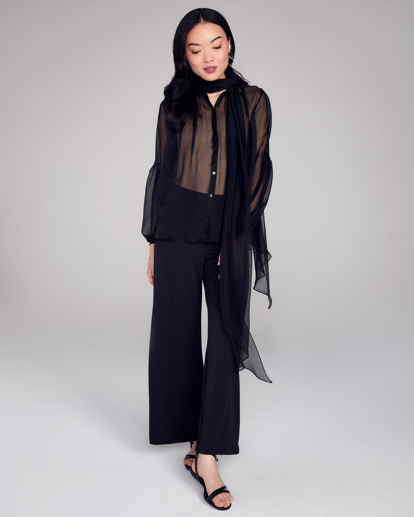 Beautifully made Brigitte silk blouse from FrancesKa is crafted from a whisper-weight transparent black silk chiffon