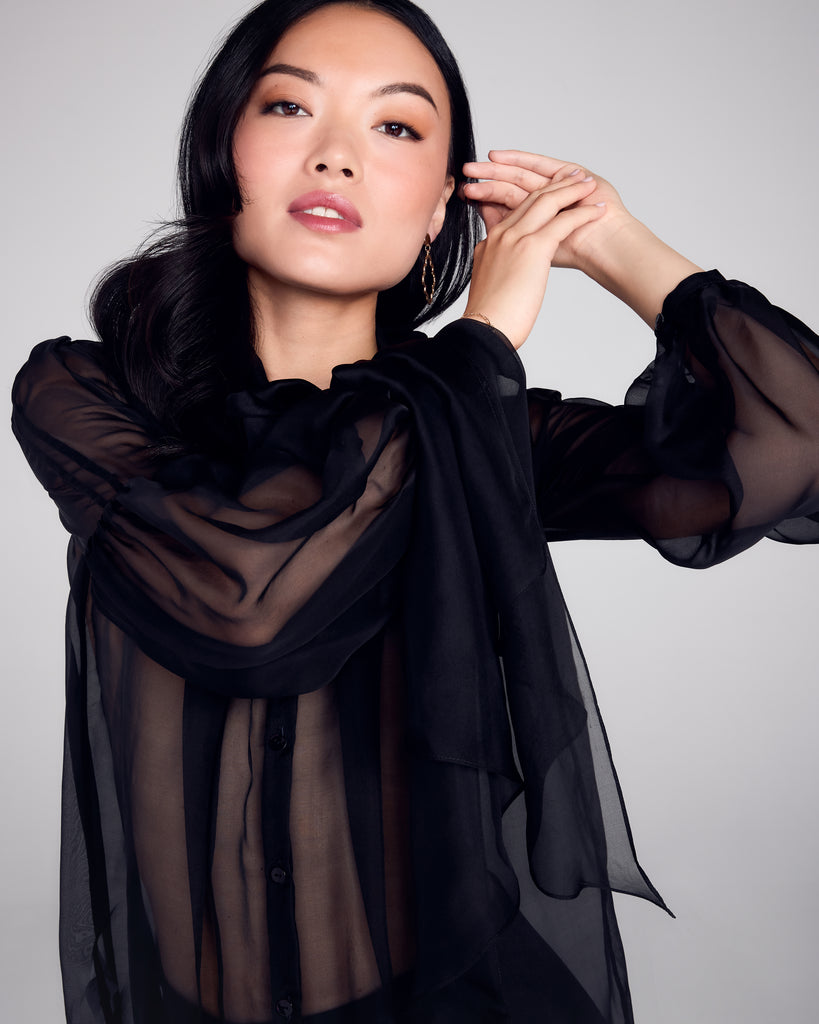 FrancesKa Brigitte Black Silk Chiffon Lavallière Blouse