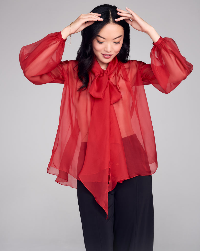 Beautifully made Brigitte silk blouse from FrancesKa is crafted from a whisper-weight transparent red silk chiffon