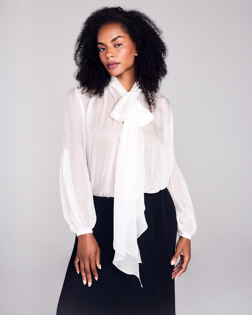 FrancesKa's Brigitte blouse has a lavallière tie at neck can be worn down, wrapped like a scarf, or tied in a bow