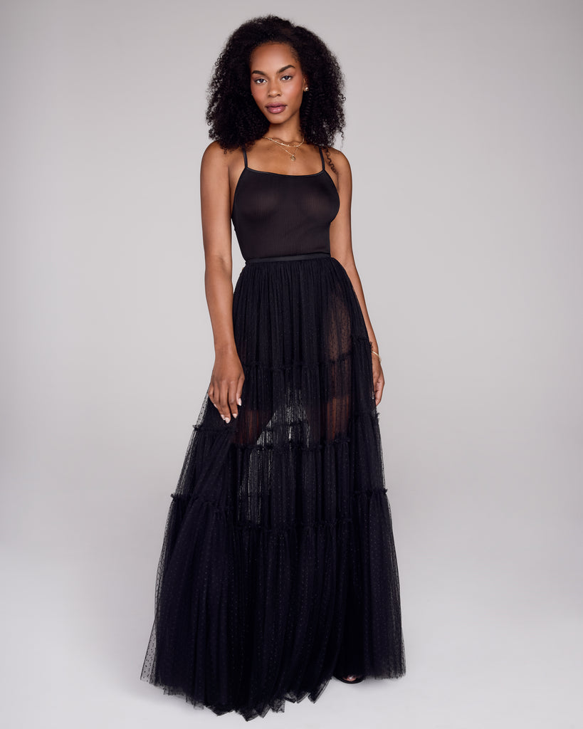 Flirty full-length Simone skirt from FrancesKa is crafted from a transparent black tulle with tiny polka dots