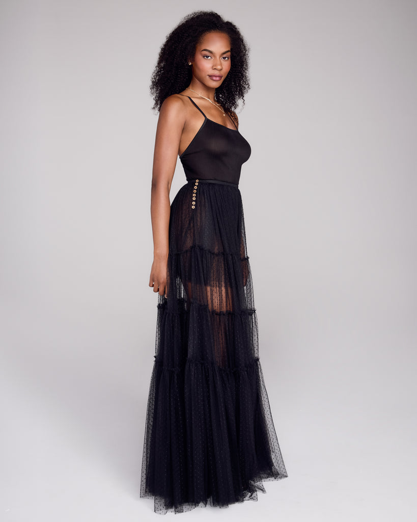 FrancesKa's Simone skirt closes at the side with functional tiny gold buttons, thin black satin waistband