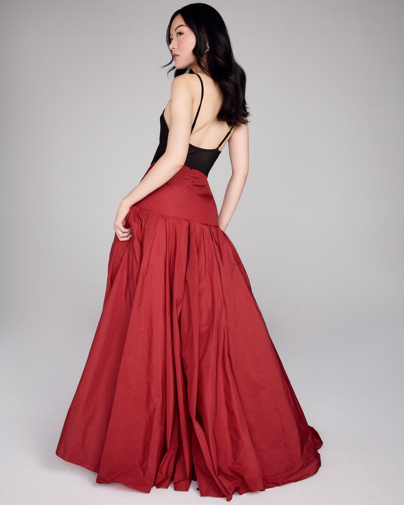 Glamorous Sussy floor-length red skirt from FrancesKa has an intricately stitched fitted waistband and a dramatically full pleated skirt