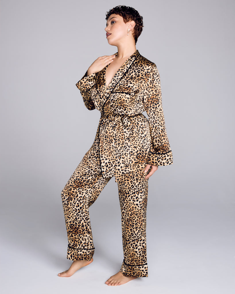 Vintage-inspired Golden Hollywood pajama set from Gilda & Pearl is crafted from a luxurious leopard print silk