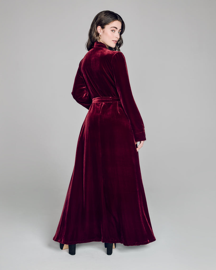 Burgundy Red silk velvet robe from Gilda & Pearl has long sleeves and a full circle skirt