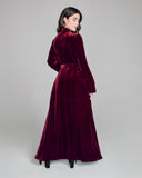 Burgundy Red silk velvet robe from Gilda & Pearl has long sleeves and a full circle skirt