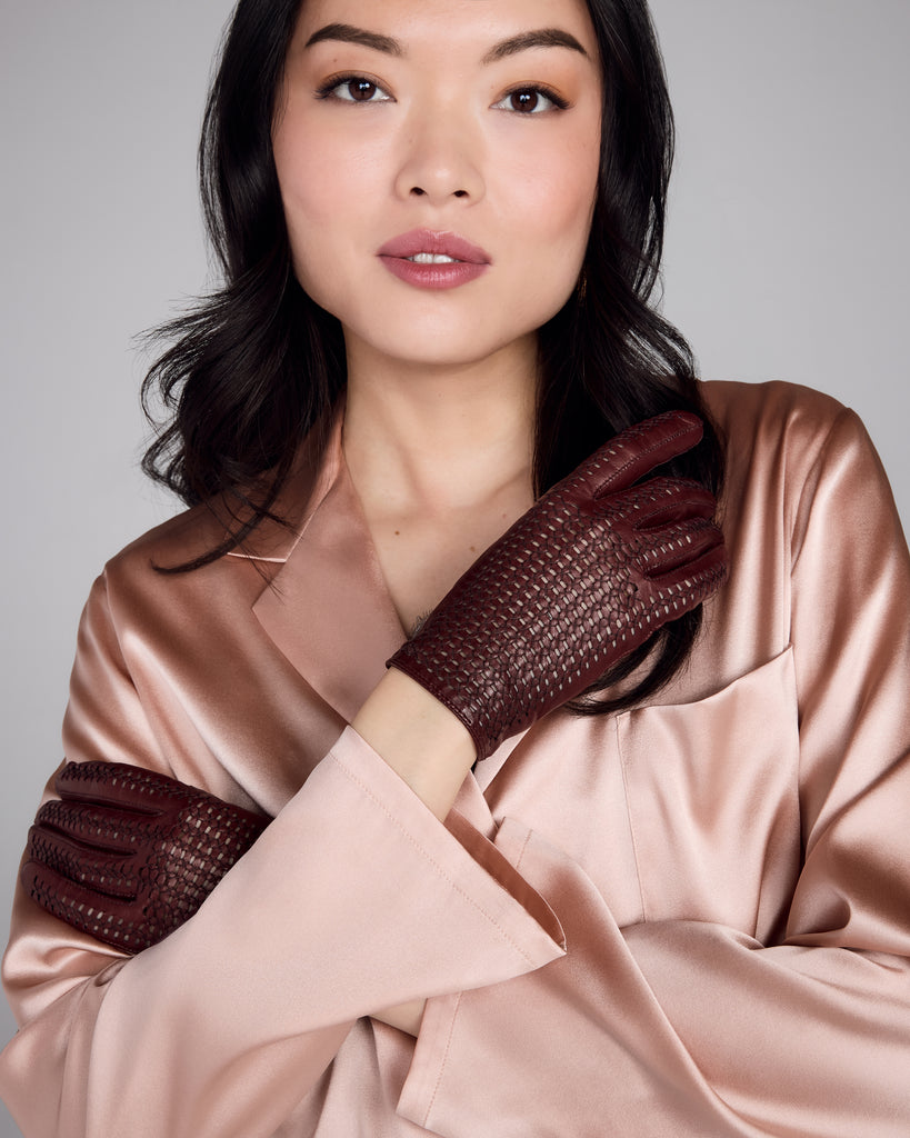 Stylish Karma gloves are crafted from a burgundy red leather