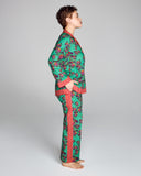 Karma's Isa Sayuri Jade pajama pant has a loose fit with a fully elasticized waist, pockets, and contrast print down the sides of the legs