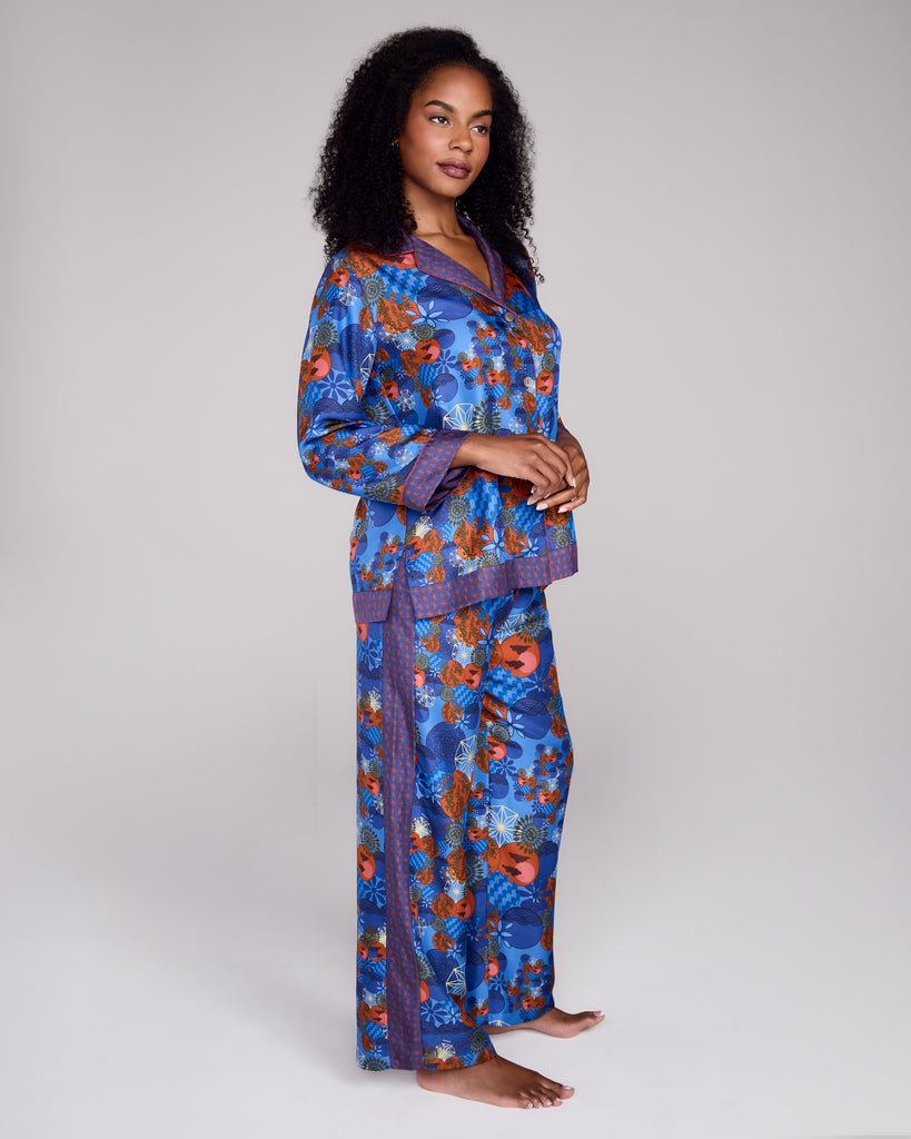 The Tama Blue silk pajama from Karma on the Rocks has a classic button-down top and trouser with an easy, generous fit