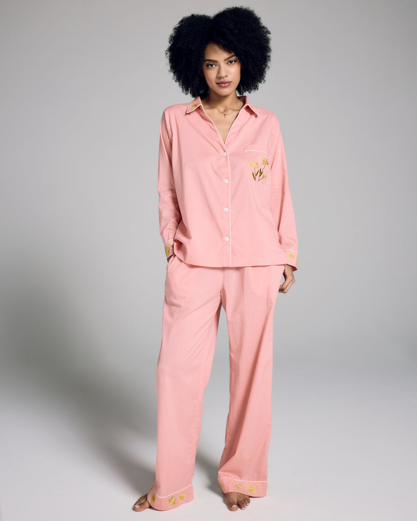 Springful pink pajama from Karma on the Rocks is crafted from a whisper-weight cotton cambric with yellow floral embroidery