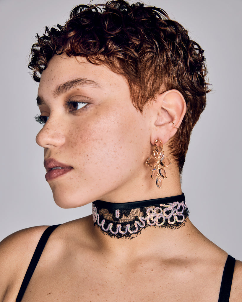 Selene Choker necklace from Karolina Laskowska is crafted from sheer black scalloped lace embroidered with iridescent sequins