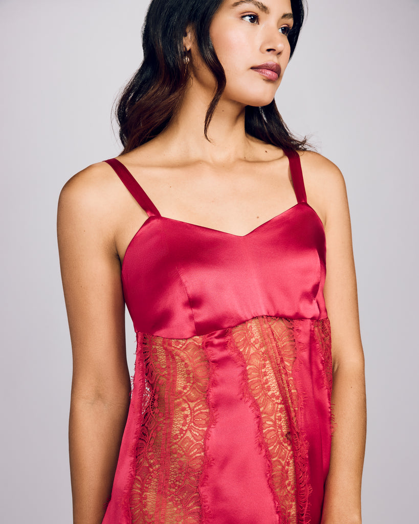 Layalina's Noor Babydoll chemise is crafted from cherry red silk and French lace
