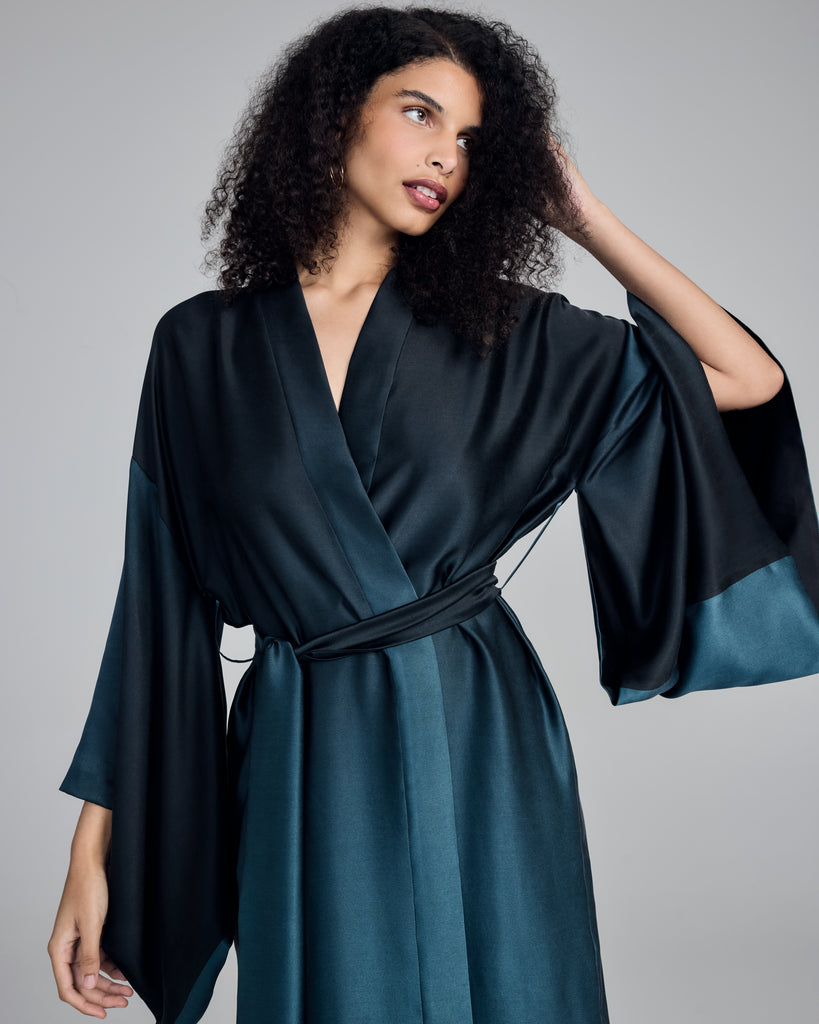 Ombre silk robe from Merle Noir has traditional vented kimono sleeves, matching belt tie with thin belt loops