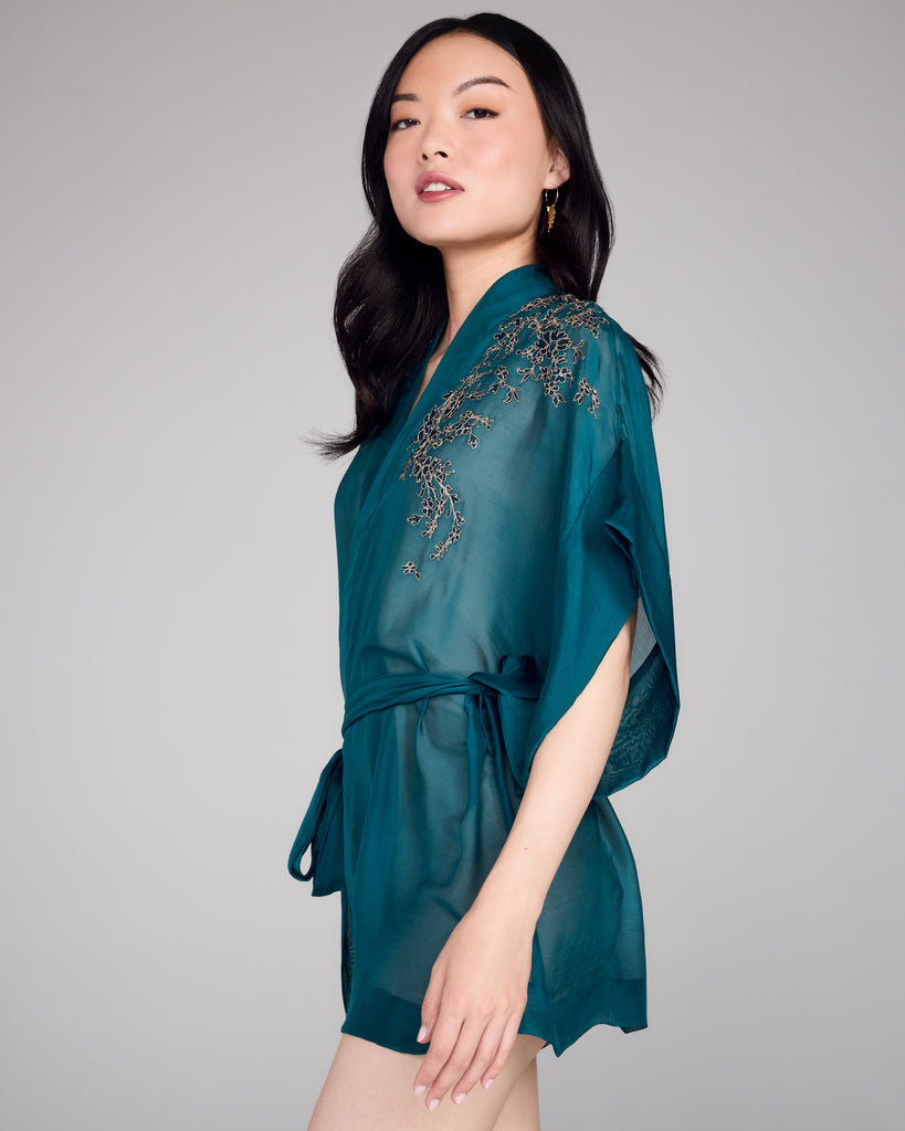 Merle Noir Teal Silk Chiffon Jacket