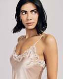 Sleek bias cut Clara chemise from Emma Harris features French seams throughout, with floral lace appliqué at the entire neckline and adjustable slim silk spaghetti straps
