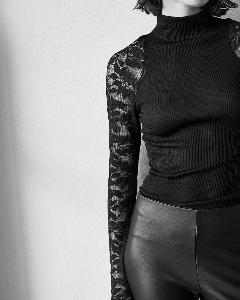 Aromatique Ribbed Cotton & Lace Long Sleeved Top