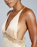 Layalina's Alexandria gown has a pleated triangle bust and a low back with criss-cross doubled thin silk spaghetti straps