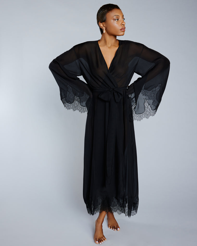Classic long-sleeved Assiyah robe from Layalina is crafted from sheer black silk muslin and fine Chantilly lace 