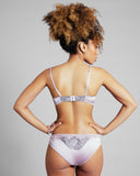 The Emma Harris Rochelle Pale Orchid brief is mid rise with an elasticized waist, lace appliqué 