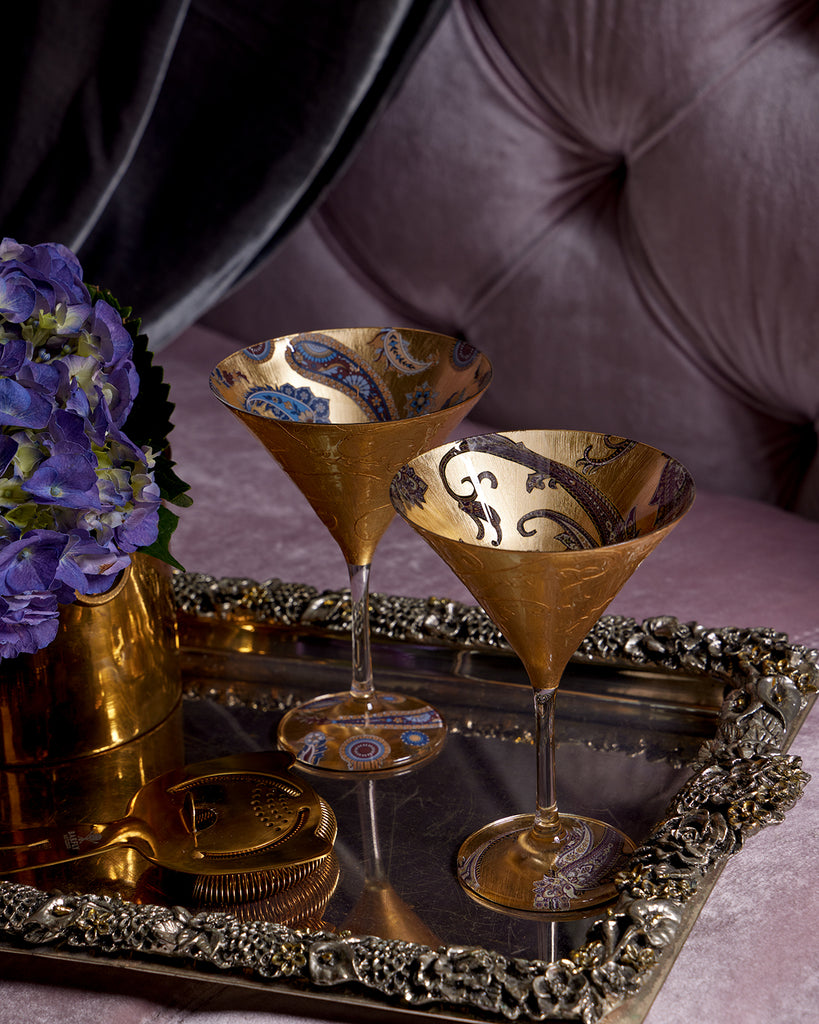 Scott Potter Blue and Purple Paisley Gilded Martini Glasses