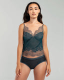 Sheer teal blue silk chiffon camisole from Merle Noir is accented with swaths of painstakingly appliquéd grey floral lace