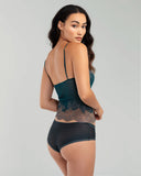 Merle Noir’s sheer teal silk chiffon camisole has ultra-thin spaghetti straps that are adjustable with gold plated hardware