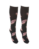 Gerico knee high socks from Trasparenze are crafted from a 50 denier opaque black microfiber base with all-over rose patterning in shades of pink