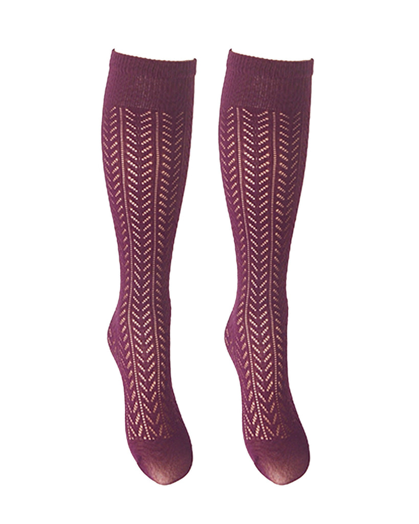 Openwork microfiber Valeria knee-highs from Trasparenze showcase a graphic herringbone pattern in rich magenta purple