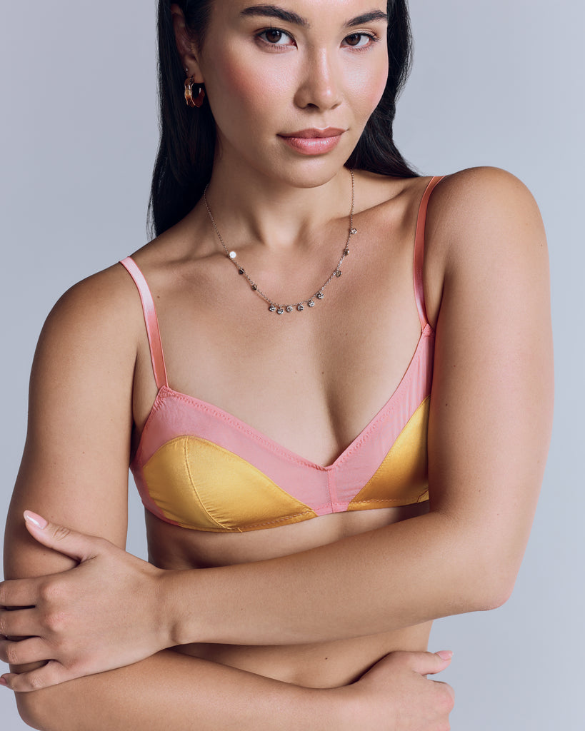 Non-underwired Beatrice bralette from Araks is crafted from yellow silk charmeuse and peach silk chiffon