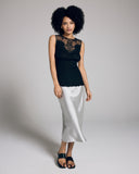 Boglietti's Babila camisole has a high neckline of transparent embroidered ultra-soft mesh with a rococo floral design