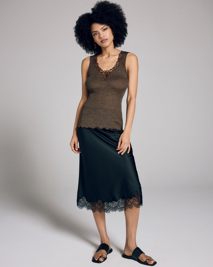 Boglietti's Bianca camisole features wide bra-friendly straps and abstract chocolate brown embroidery at the vee neckline