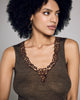Chocolate brown Bianca camisole from Boglietti is crafted from a ribbed knit silk wool blend with embroidery at the vee neckline