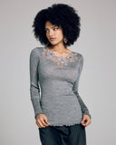 Boglietti's Bridget grey long sleeve top features macrame lace detailing at the scoop neckline