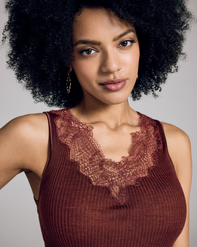 Boglietti's Brigida red camisole features wide bra-friendly straps and macrame lace detailing at the soft vee neckline