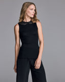 Stretchy black wool-silk Fiamma tank from Boglietti has a high neckline with an inset sheer macrame Peter Pan collar design